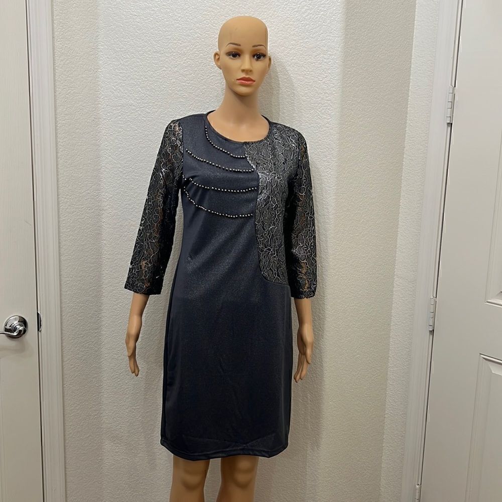 Fashion Mia Dress Size XL Scoop Neck Shimmer Beaded 3/4 Lace Sleeve Midi